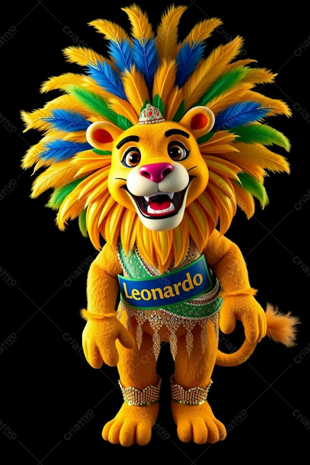 High Angle, Full Body Shot Of A 3D Rendered Lion Mascot, Leonardo, For Carnaval. He&#39;S Depicted Against A Black Background In Ultra High Definition. Leonardo Is Joyful, Wearing A Sequined Br