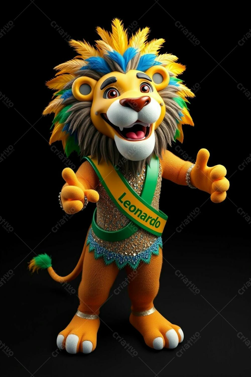 High Angle, Full Body Shot Of A 3D Rendered Lion Mascot, Leonardo, For Carnaval. Ultra High Definition Image Against A Black Background. Leonardo Is Joyful, Wearing A Sequined Brazilian Ins