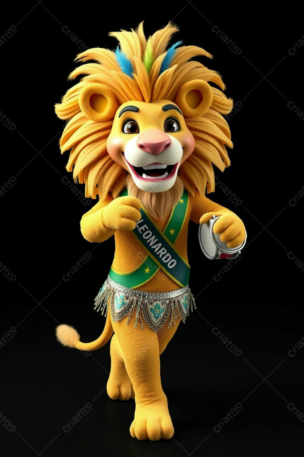 High Angle, Full Body Shot Of A 3D Rendered Lion Mascot, Leonardo, For Carnaval. Ultra High Definition, Black Background. Leonardo Has A Cheerful Expression, Dynamic Mid Dance Pose. H