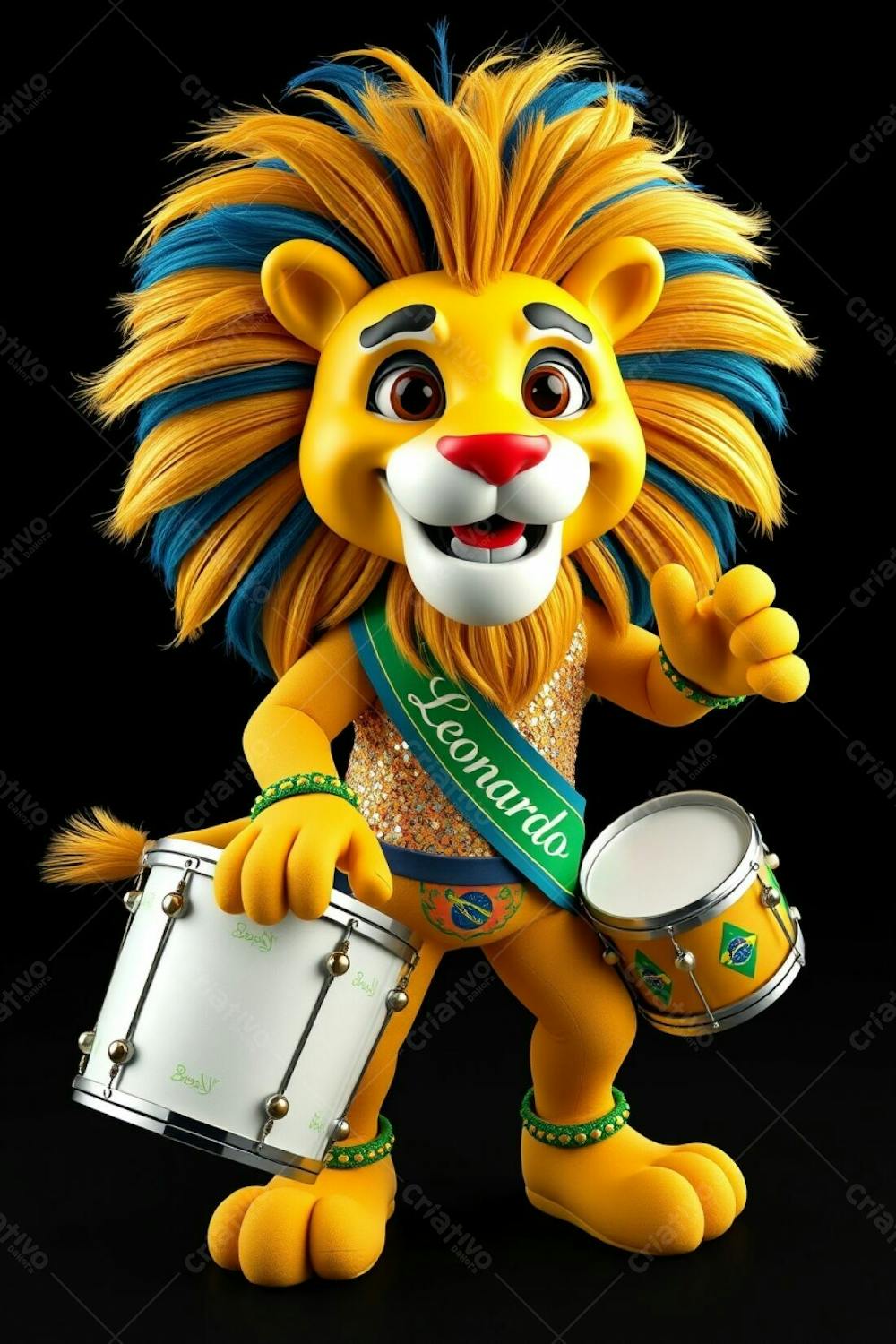 High Angle, Full Body Shot Of A 3D Rendered Lion Mascot, Leonardo, For Carnaval. Ultra High Definition, Black Background. Leonardo Has A Cheerful Expression, Dynamic Mid Dance Pose. H