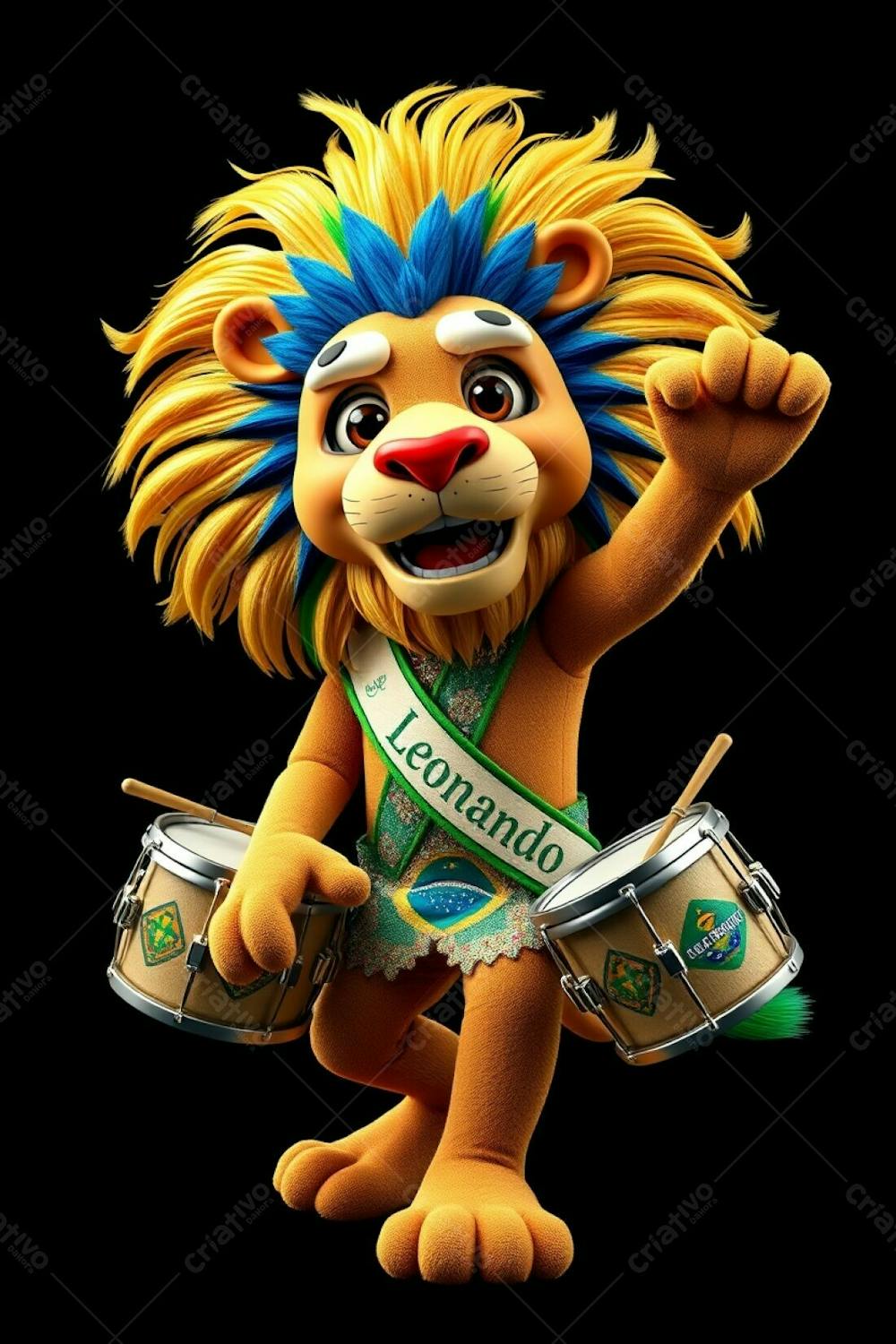 High Angle, Full Body Shot Of A 3D Rendered Lion Mascot, Leonardo, For Carnaval. Ultra High Definition, Black Background. Leonardo Has A Cheerful Expression, Dynamic Mid Dance Pose. H