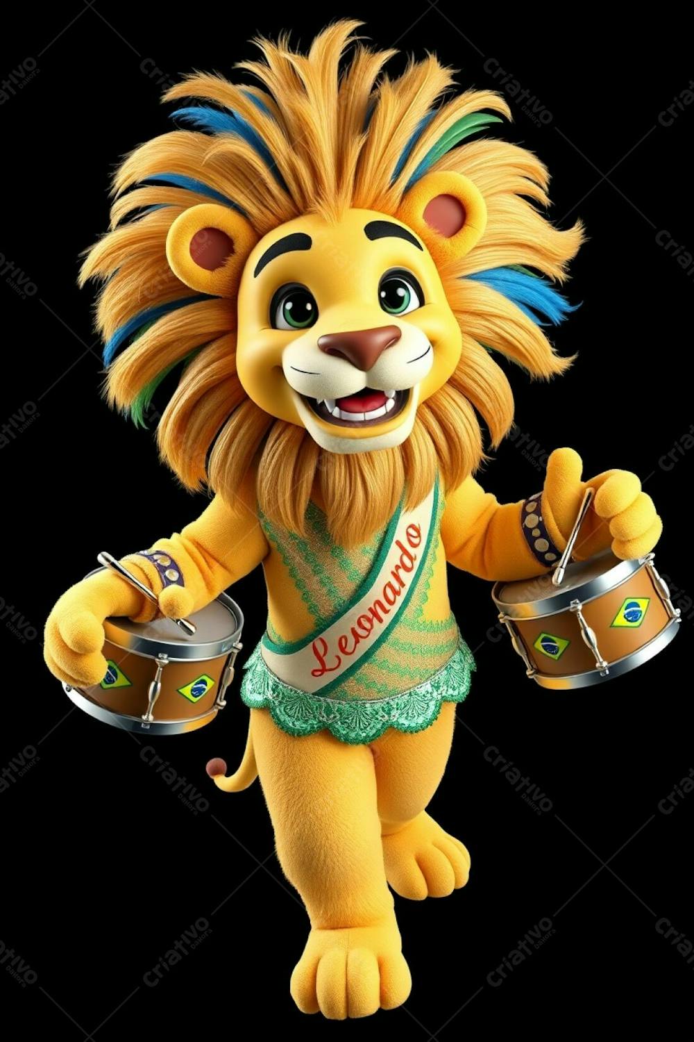 High Angle, Full Body Shot Of A 3D Rendered Lion Mascot, Leonardo, For Carnaval. Ultra High Definition, Black Background. Leonardo Has A Cheerful Expression, Dynamic Mid Dance Pose. H