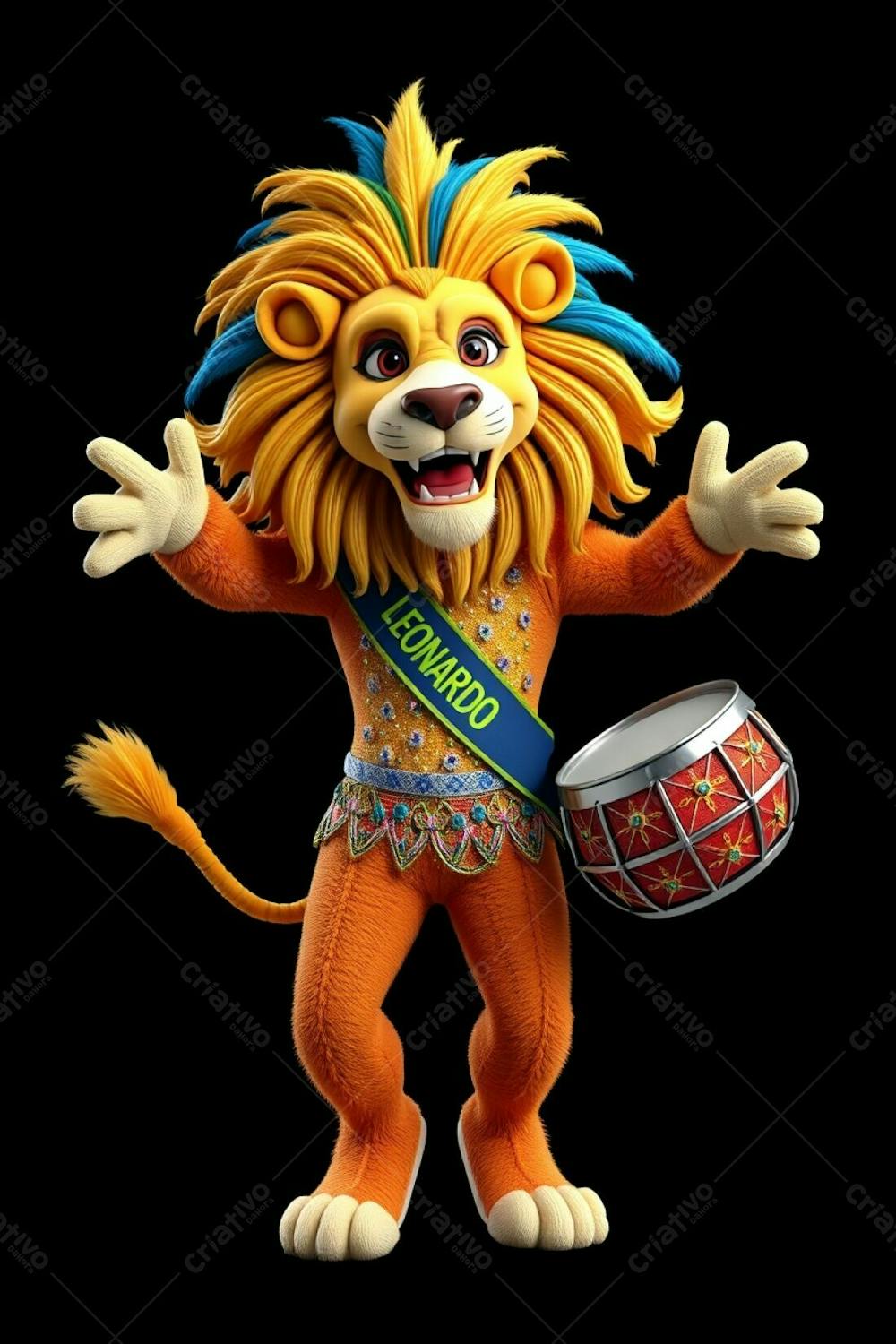 High Angle, Full Body Shot Of A 3D Rendered Lion Mascot, Leonardo, For Carnaval. Ultra High Definition, Black Background. Leonardo Has A Cheerful Expression, Dynamic Mid Dance Pose. H