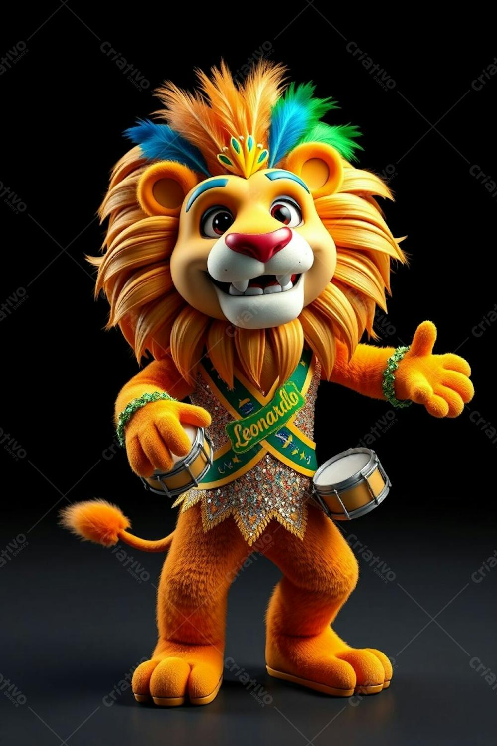 High Angle, Full Body Shot Of A 3D Rendered Lion Mascot, Leonardo, For Carnaval. Ultra High Definition, Black Background. Leonardo Has A Cheerful Expression, Dynamic Mid Dance Pose. H