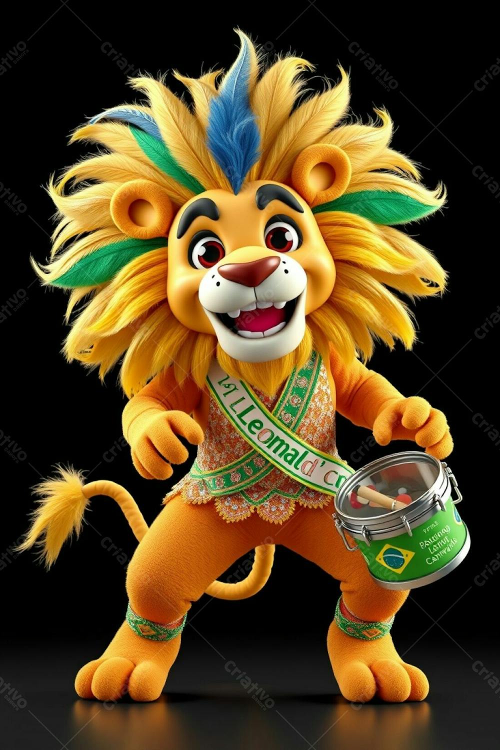 High Angle, Full Body Shot Of A 3D Rendered Lion Mascot, Leonardo, For Carnaval. Ultra High Definition, Black Background. Leonardo Has A Cheerful Expression, Dynamic Mid Dance Pose. H