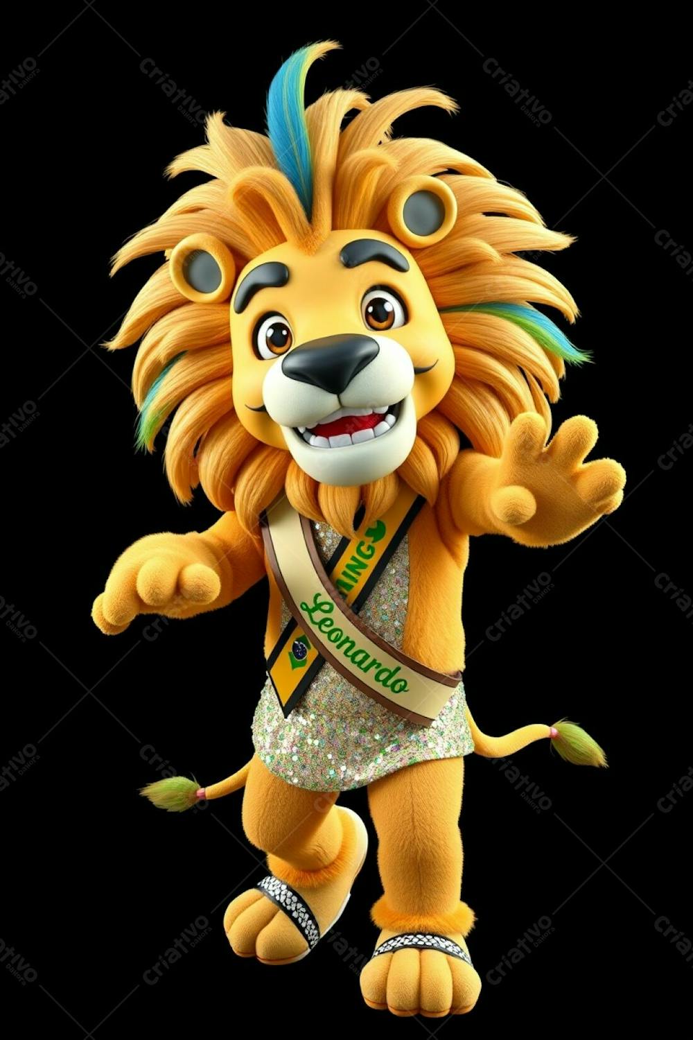 High Angle, Full Body Shot Of A 3D Rendered Lion Mascot, Leonardo, For Carnaval. Ultra High Definition, Black Background. Leonardo Has A Cheerful Expression, Dynamic Mid Dance Pose. His M