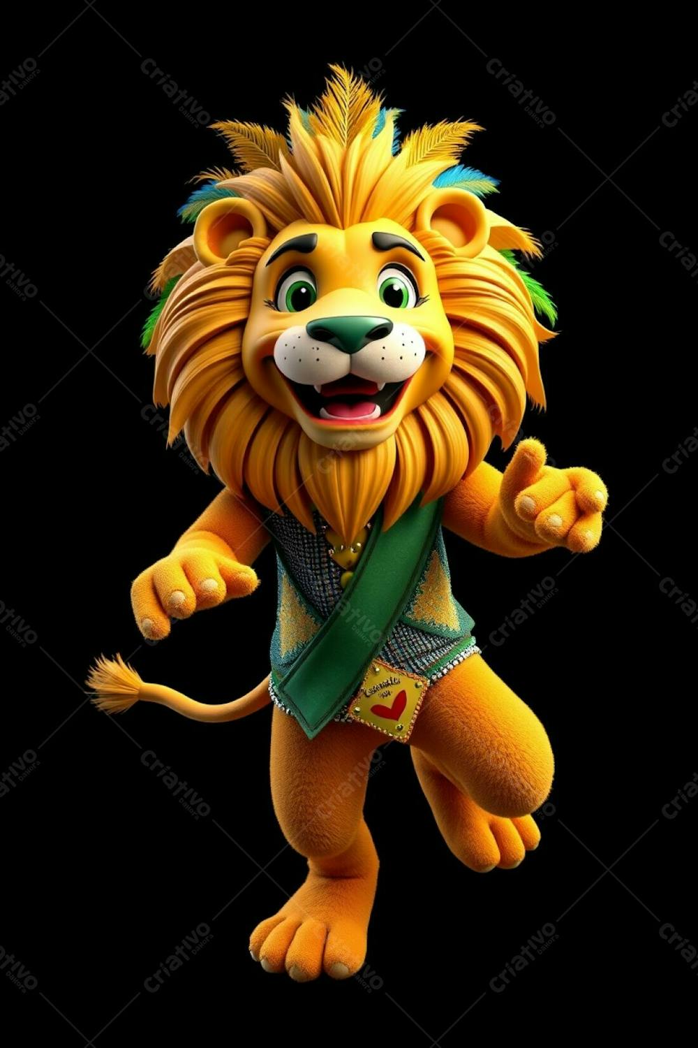 High Angle, Full Body Shot Of A 3D Rendered Lion Mascot, Leonardo, For Carnaval. Ultra High Definition, Black Background. Leonardo Is Joyful, Wearing A Sequined Brazilian Inspired Costume W