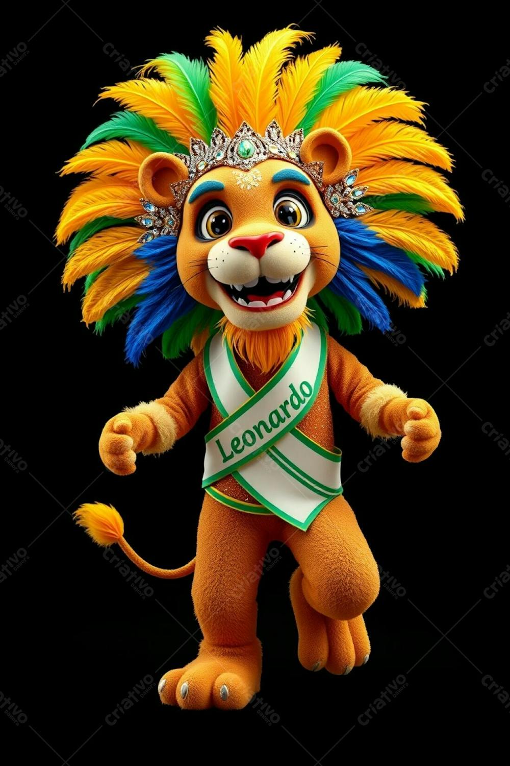 High Angle, Full Body Shot Of A 3D Rendered Lion Mascot, Leonardo, For Carnaval. Ultra High Definition, Solid Black Background. Leonardo Is Cheerful, Mid Dance, Wearing A Sequined Brazilia