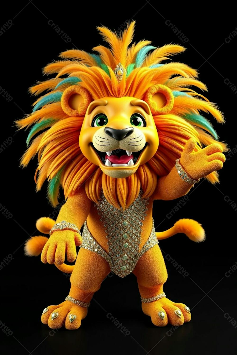 High Angle, Full Body Shot Of A 3D Rendered Lion Mascot, Leonardo, For Carnaval. Ultra High Definition Image Against A Black Background. Leonardo Is Joyful, His Mane Adorned With Gold, Blue,