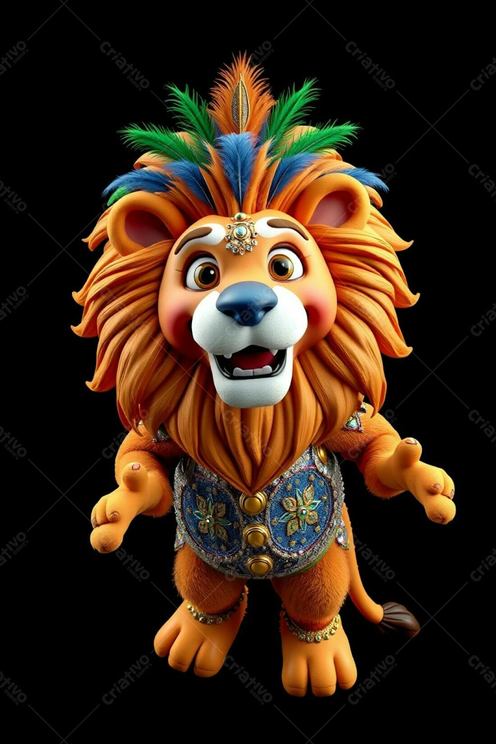 High Angle, Full Body Shot Of Leonardo, A 3D Rendered Lion Mascot For Carnaval. The Image Displays Ultra High Definition Detail, Against A Black Background. Leonardo Wears A Sparkling Sequi