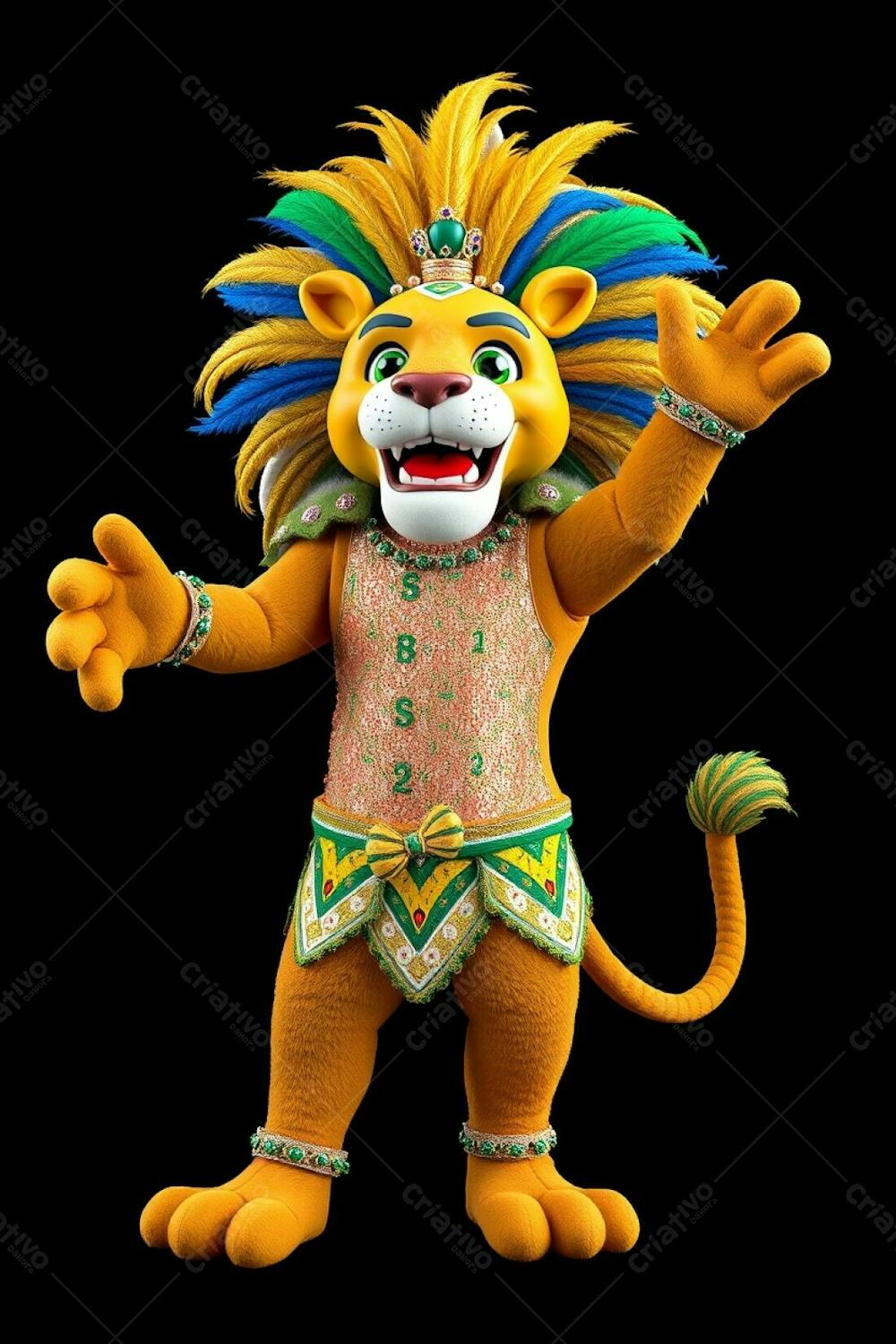 High Angle, Full Body View Of Leonardo, A 3D Rendered Lion Mascot For Carnaval. Ultra High Definition, Black Background. He Displays Joy And Charisma, Wearing A Sparkling Sequined Outfit W