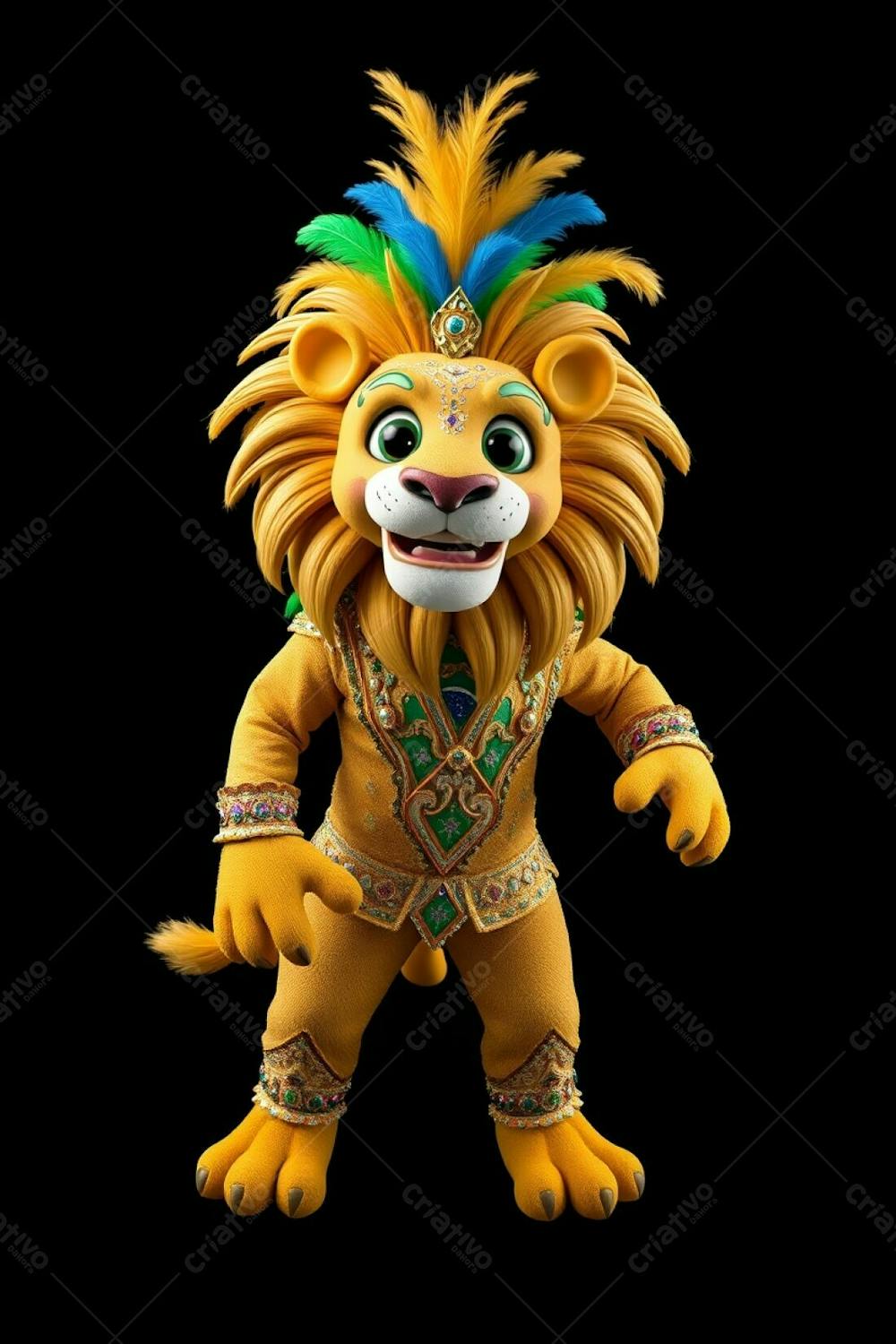 High Angle, Full Body, 3D Rendered Image Of Leonardo, A Carnaval Lion Mascot. He&#39;S Against A Solid Black Background In A Professional, Fine Art Photography Style With Soft Lighting. Leonar