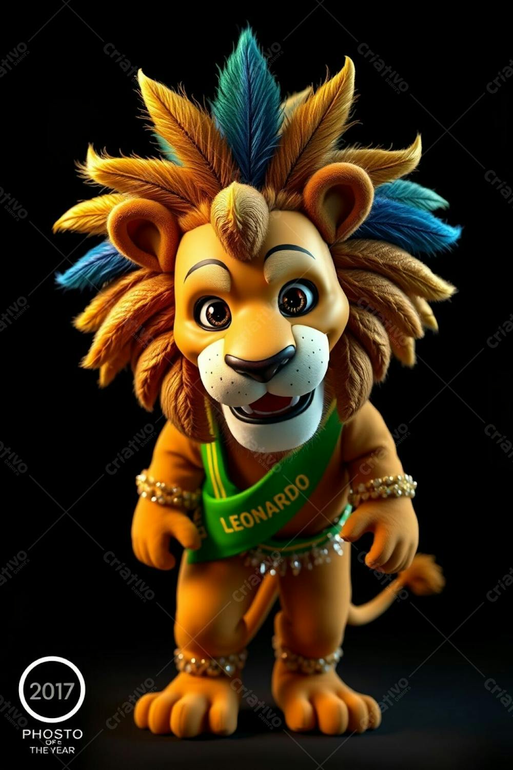 High Angle, Professional Photograph Of A 3D Rendered Lion Mascot, Leonardo, For Carnaval. Ultra High Definition, Black Background. Leonardo Is Full Body, Cheerful, Dynamic Pose, Looking