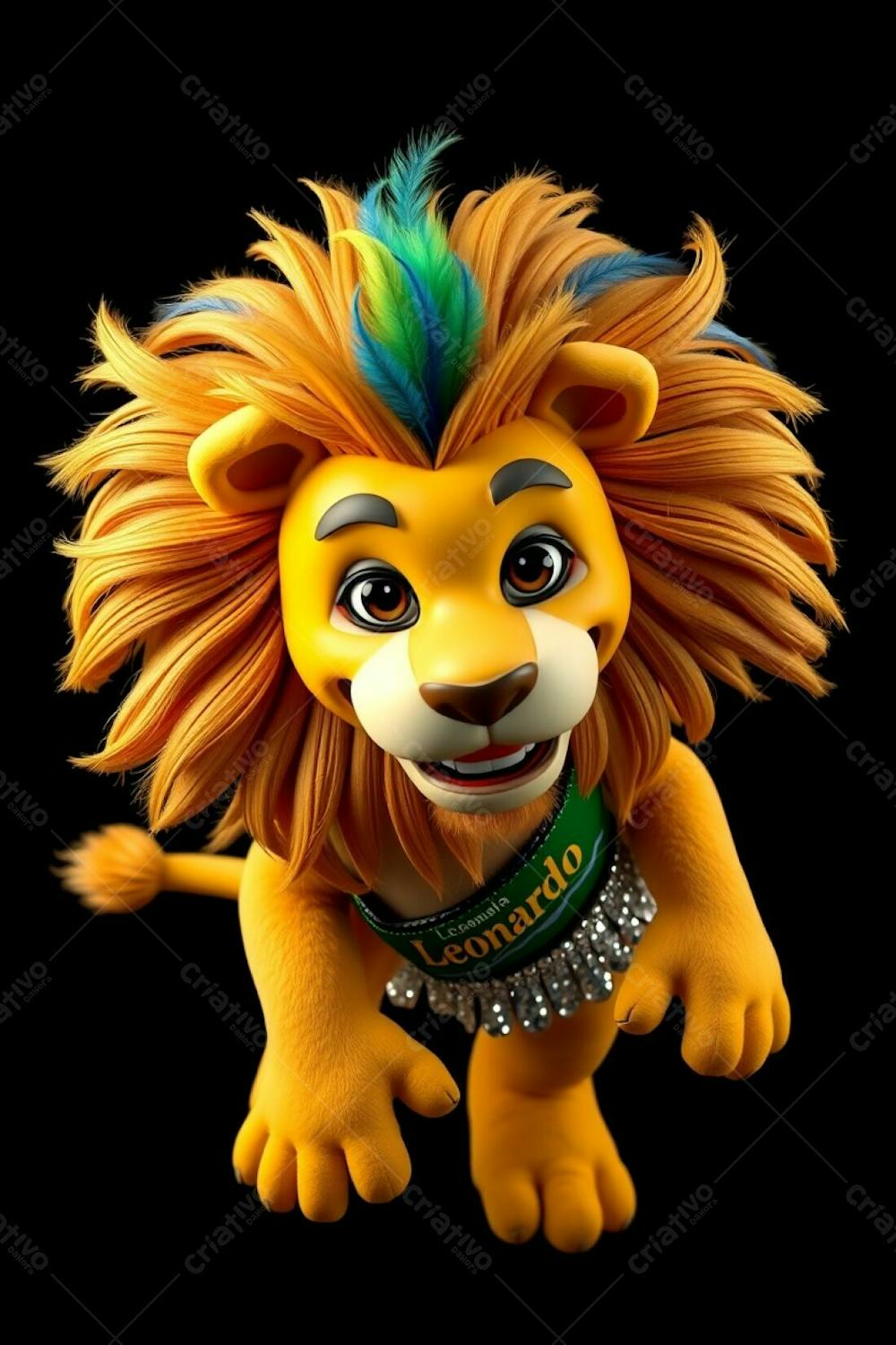 High Angle, Professional Photograph Of A 3D Rendered Lion Mascot, Leonardo, For Carnaval. Ultra High Definition, Black Background. Leonardo Is Full Body, Cheerful, Dynamic Pose, Looking