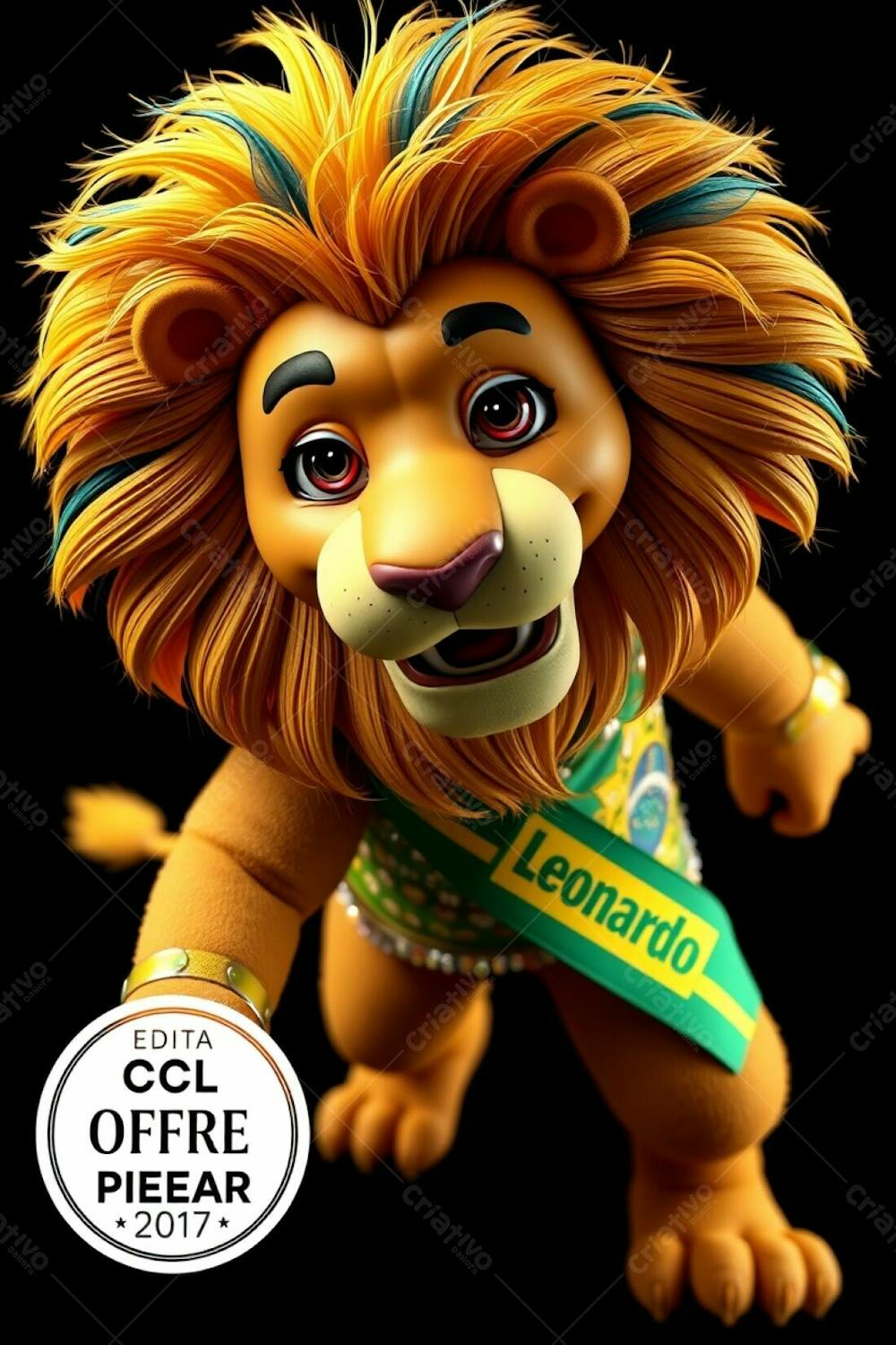 High Angle, Professional Photograph Of A 3D Rendered Lion Mascot, Leonardo, For Carnaval. Ultra High Definition, Black Background. Leonardo Is Full Body, Cheerful, Dynamic Pose, Looking