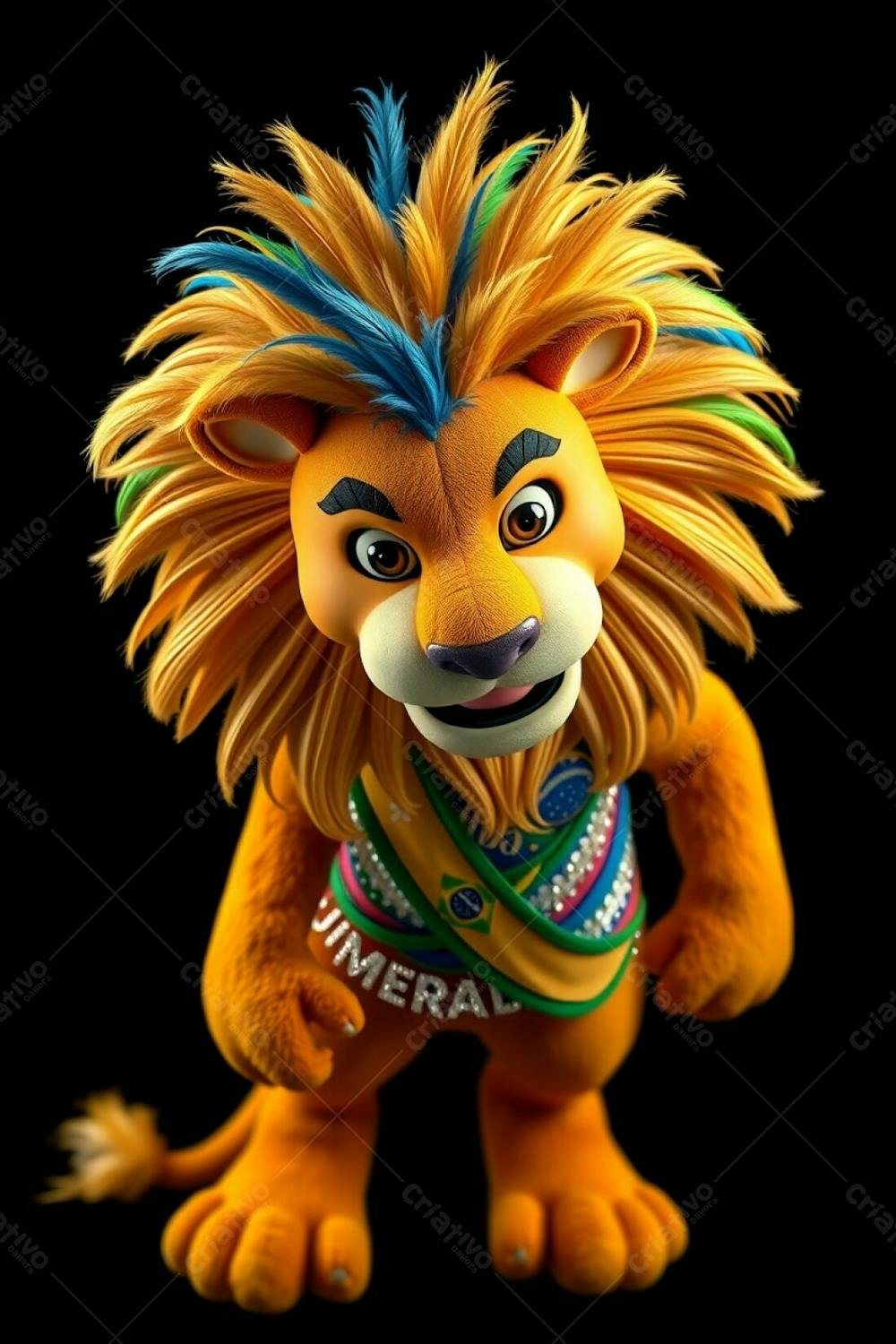 High Angle, Professional Photograph Of A 3D Rendered Lion Mascot, Leonardo, For Carnaval. Ultra High Definition, Black Background. Leonardo Is Full Body, Cheerful, Dynamic Pose, Looking