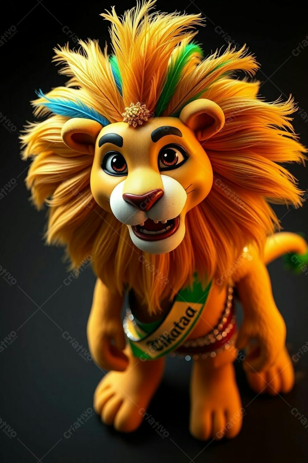 High Angle, Professional Photograph Of A 3D Rendered Lion Mascot, Leonardo, For Carnaval. Ultra High Definition, Black Background. Leonardo Is Full Body, Cheerful, Dynamic Pose, Looking