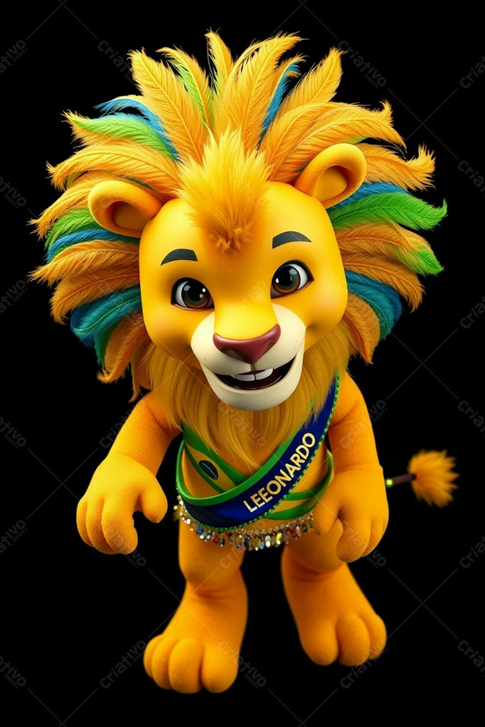 High Angle, Professional Photograph Of A 3D Rendered Lion Mascot, Leonardo, For Carnaval. Ultra High Definition, Black Background. Leonardo Is Full Body, Cheerful, Dynamic Pose, Looking