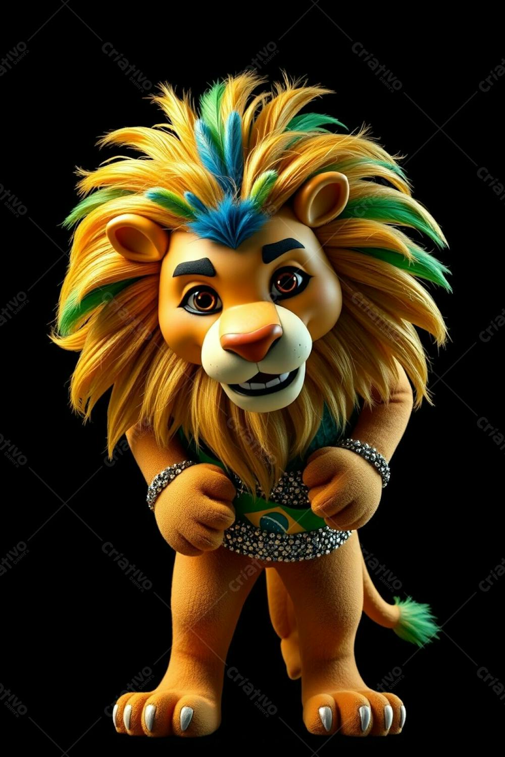 High Angle, Professional Photograph Of A 3D Rendered Lion Mascot, Leonardo, For Carnaval. Ultra High Definition, Black Background. Leonardo Is Full Body, Cheerful, Dynamic Pose, Looking