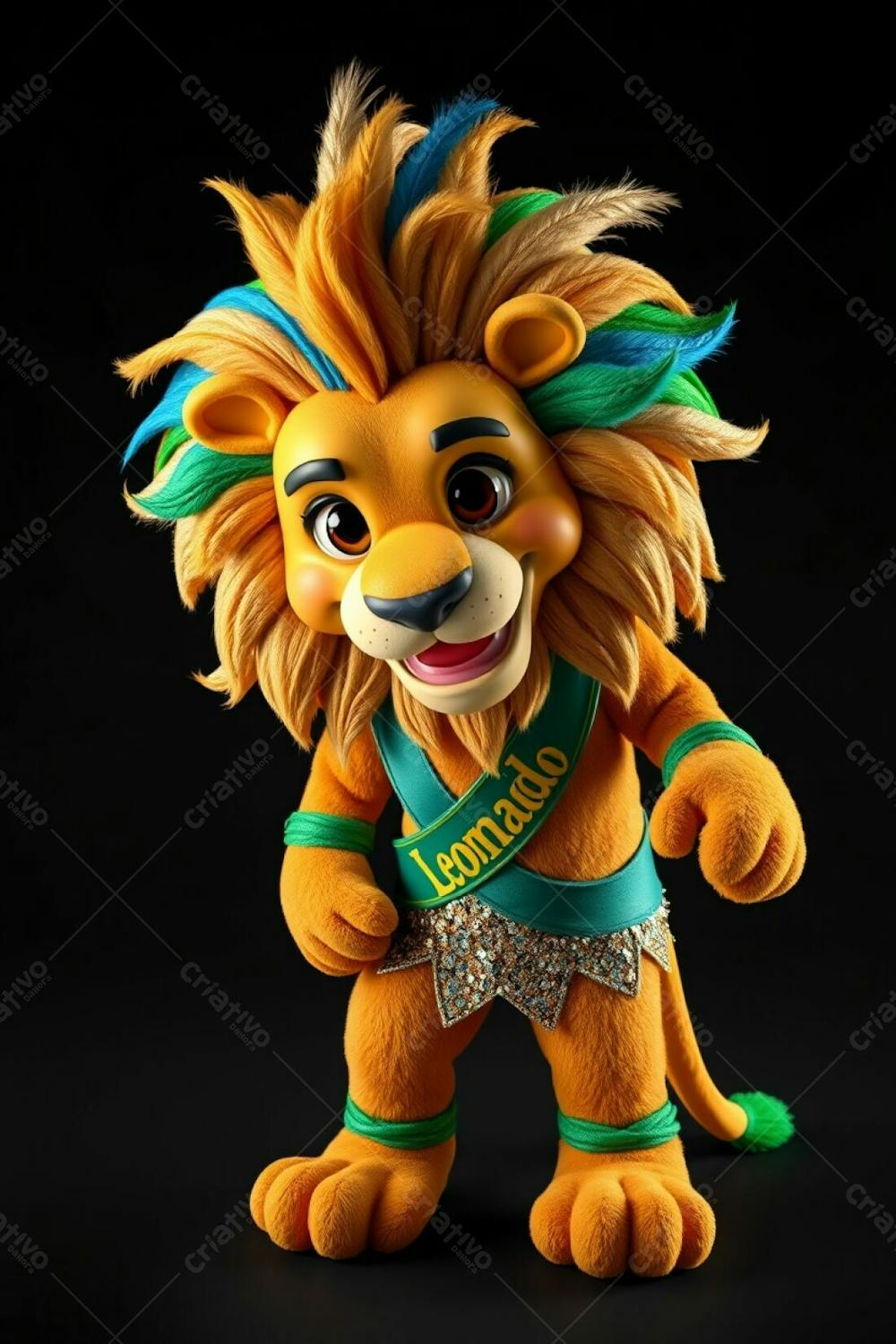 High Angle, Professional Photograph Of A 3D Rendered Lion Mascot, Leonardo, For Carnaval. Ultra High Definition, Black Background. Leonardo Is Full Body, Cheerful, Dynamic Pose, Looking Dow