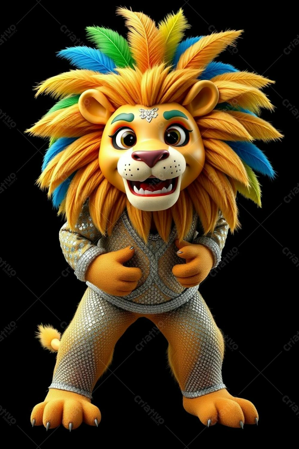 High Resolution Image A 3D Rendered Lion Mascot, Leonardo, For Carnaval. He&#39;S Full Body, High Angle View, Against A Solid Black Background. Leonardo Wears A Sparkling Sequined Outfit With