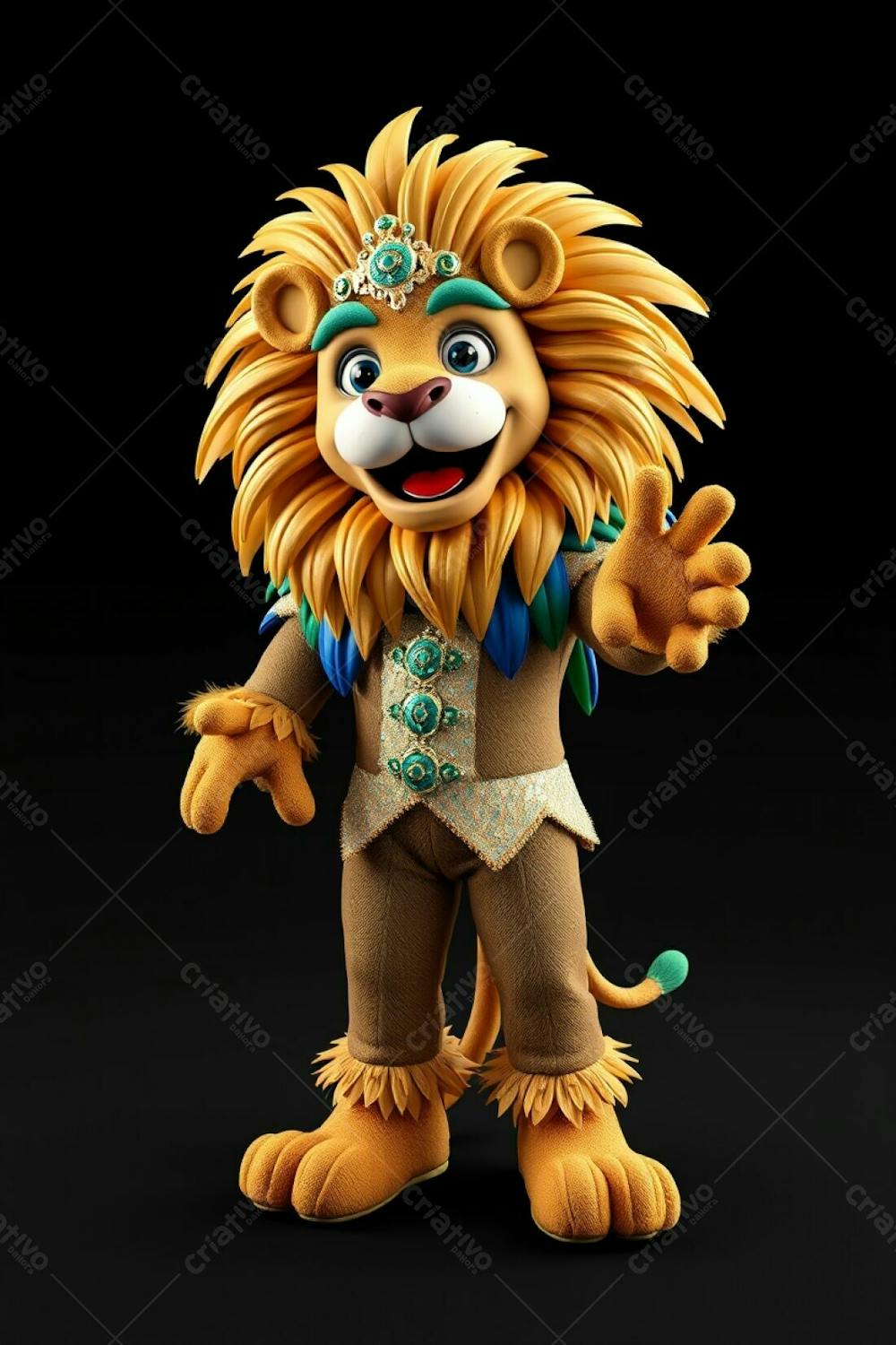 High Resolution Image Of 3D Rendered Lion Mascot Leonardo, In A High Angle Full Body View Against A Black Background. His Carnaval Costume Sparkles, Adorned With Feathers In Gold, Blue, And