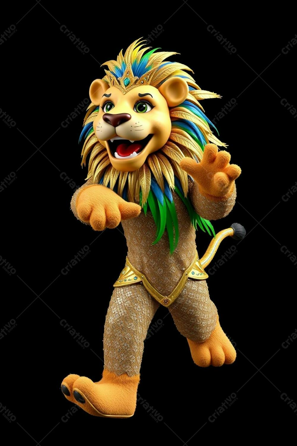 High Resolution Image Of A 3D Rendered Lion Carnaval Mascot, Leonardo. He&#39;S Viewed From A High Angle, Full Body, Against A Solid Black Background. Leonardo Wears A Sparkling Sequined Costum