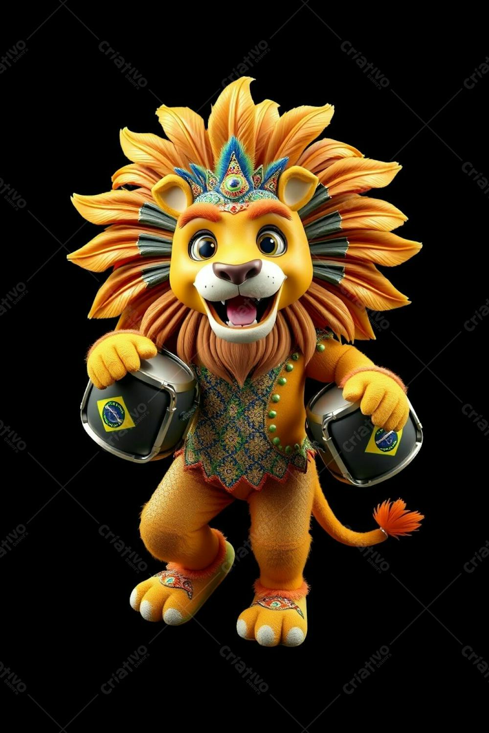 High Resolution Image, High Angle Perspective. Full Body 3D Rendered Lion Mascot, Leonardo, For Carnaval. Black Background, Ultra High Definition. Leonardo Is Cheerful And Dynamic, Wearing