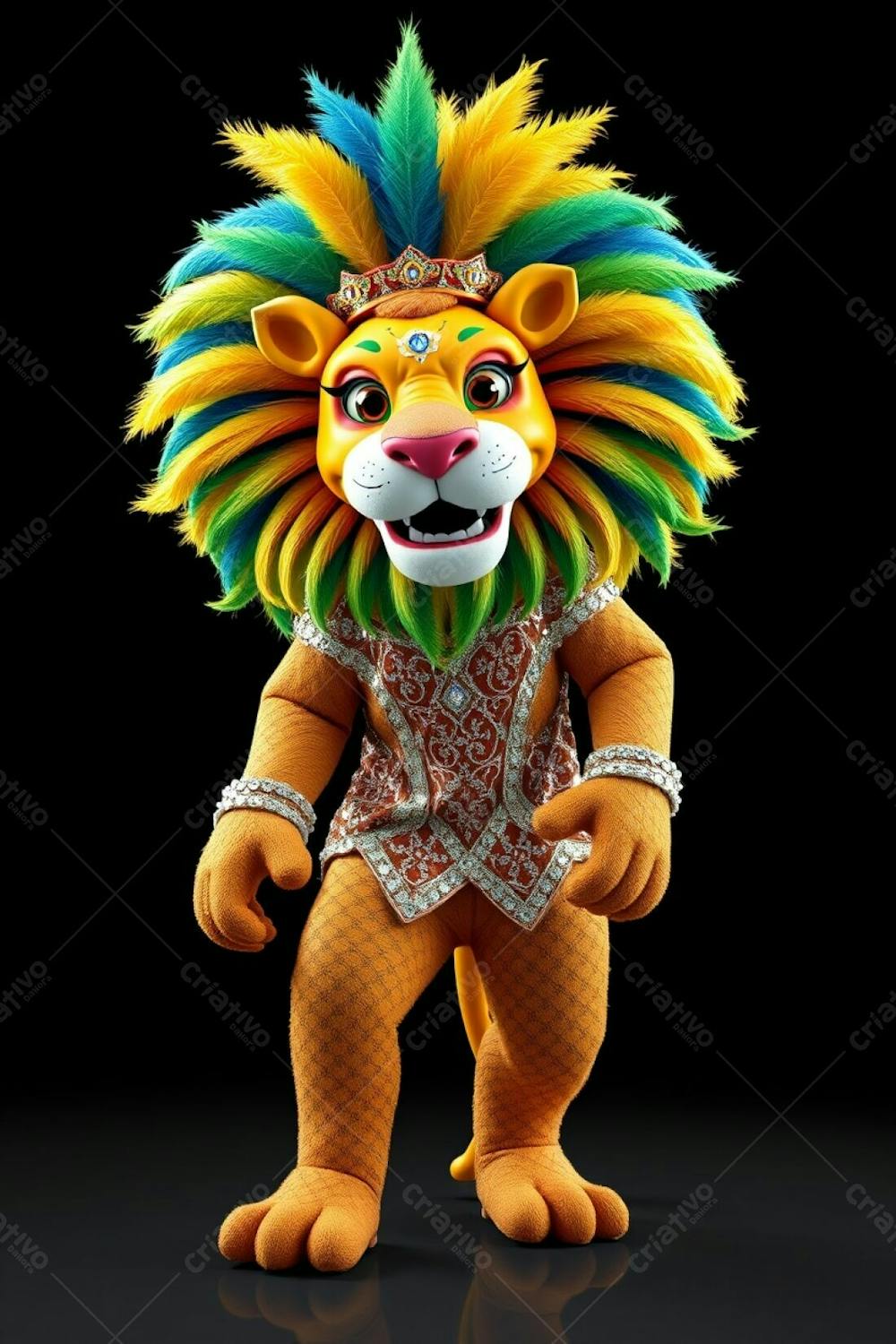 High Resolution Stock Photo, High Angle. Full Body 3D Rendered Lion Mascot Leonardo For Carnaval. Ultra High Definition, Black Background. Leonardo Is Cheerful, Wearing A Sparkling Sequined