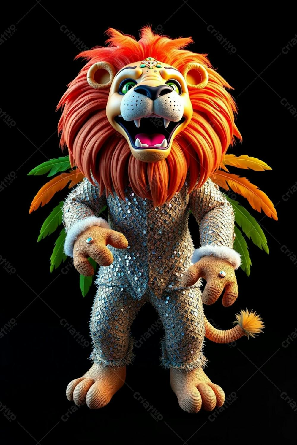 High Resolution, Commercial Quality Stock Photo. High Angle View Of 3D Rendered Lion Mascot, Leonardo, For Carnaval. Full Body Shot Against A Solid Black Background. He Wears A Sparkling, O