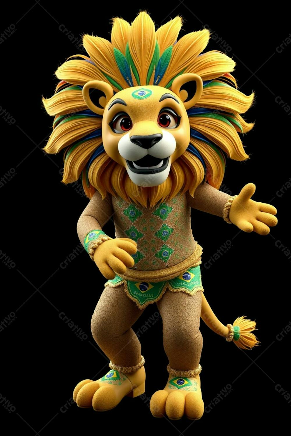 High Resolution, High Angle Perspective Of A 3D Rendered Lion Mascot, Leonardo, Designed For Carnaval. He&#39;S Depicted In Ultra High Definition Against A Solid Black Background. Leonardo&#39;S Ma