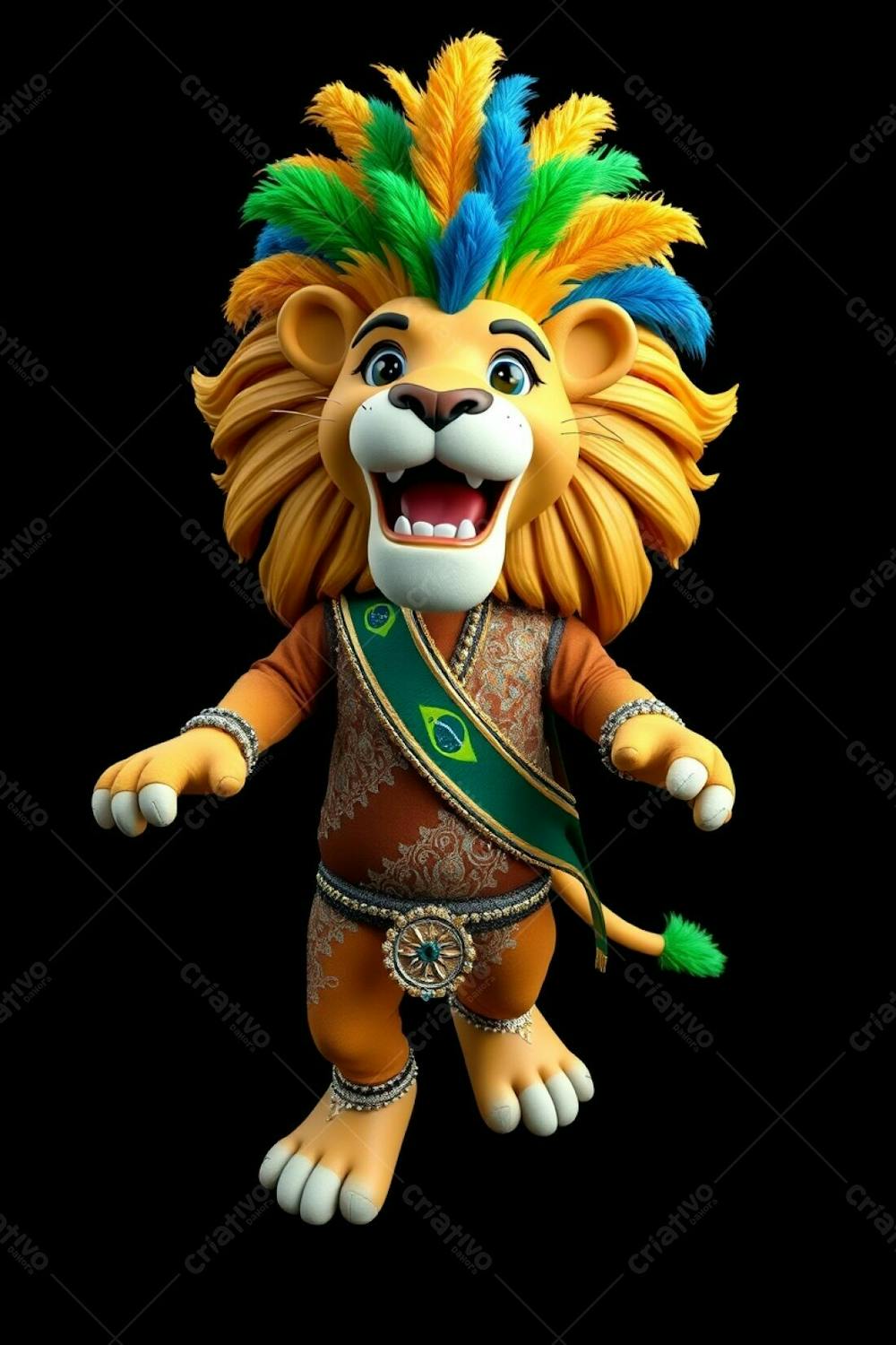 High Resolution, High Angle Shot Of A 3D Rendered Lion Mascot, Leonardo, For Carnaval. Ultra High Definition Image Against Black Background. Leonardo Is In A Dynamic Pose, Radiating Joy. He