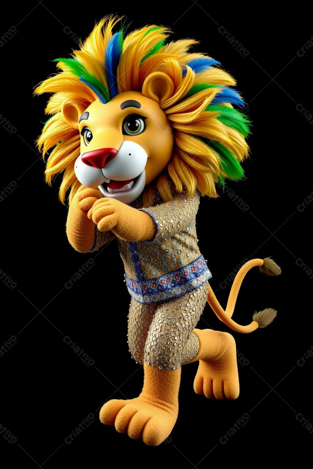 High Resolution, High Angle View Of A 3D Rendered Lion Carnaval Mascot, Leonardo. He&#39;S Depicted In A Dynamic Mid Dance Pose, Showcasing A Sparkling Sequined Outfit With Intricate Patterns.