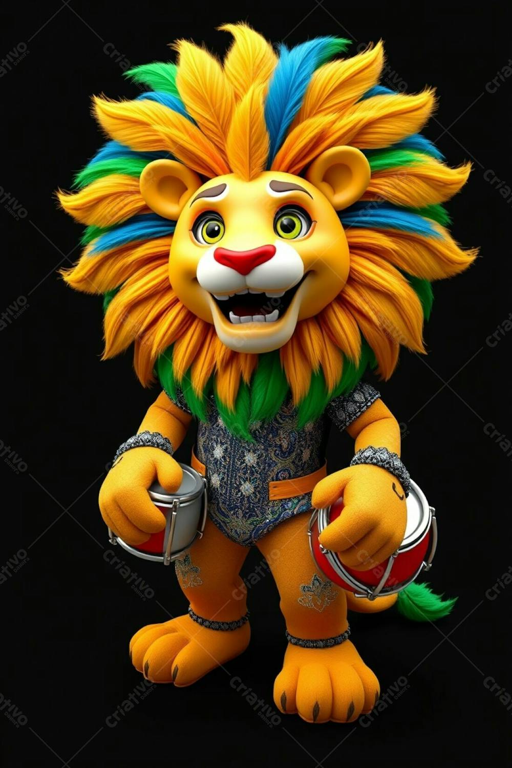 High Resolution, High Angle View Of A 3D Rendered Lion Mascot, Leonardo. He&#39;S Designed For Carnaval, Full Body, Against A Solid Black Background. Leonardo Displays Charisma And Joy, With A