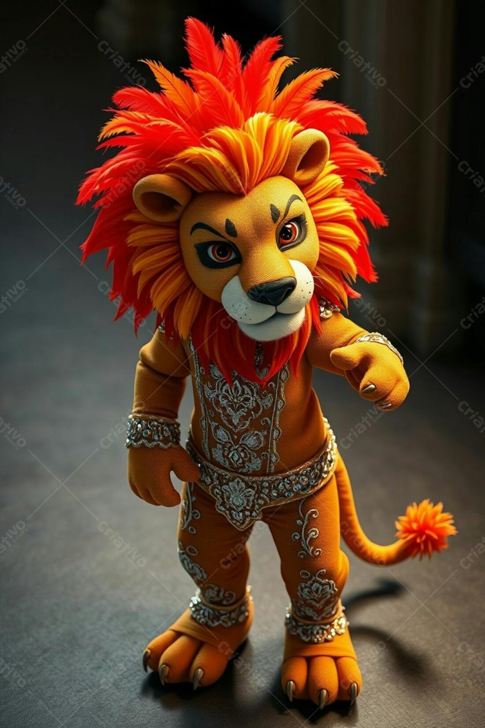 Photorealistic, High Angle Full Body Shot Of Leonardo, A 3D Rendered Lion Carnaval Mascot. He Displays A Dynamic Pose, Wearing A Shimmering Sequined Outfit With Intricate Patterns. His Man