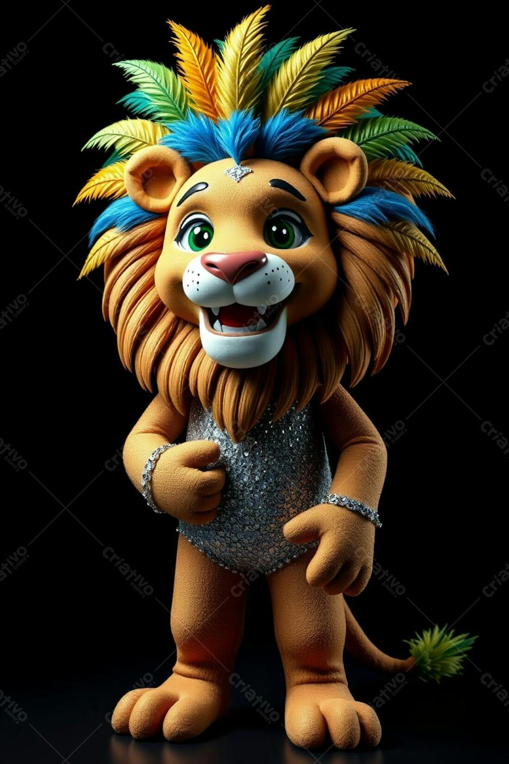 Professional Photography, High Angle View Of Leonardo, A Full Body 3D Rendered Lion Mascot Designed For Carnaval. Ultra High Definition. He Has A Cheerful Expression, Wearing A Sparkling