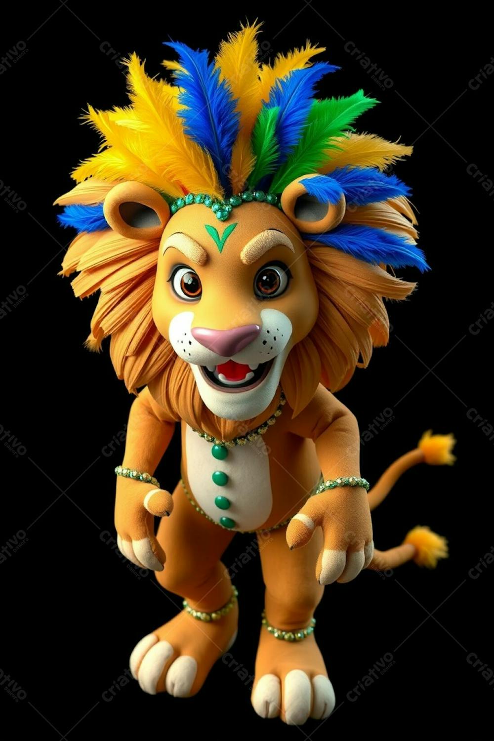 Professional Quality, High Resolution Image Of A 3D Rendered Lion Mascot, Leonardo, For Carnaval. High Angle View Showing Leonardo In A Dynamic Pose Against A Black Background. His Costume I