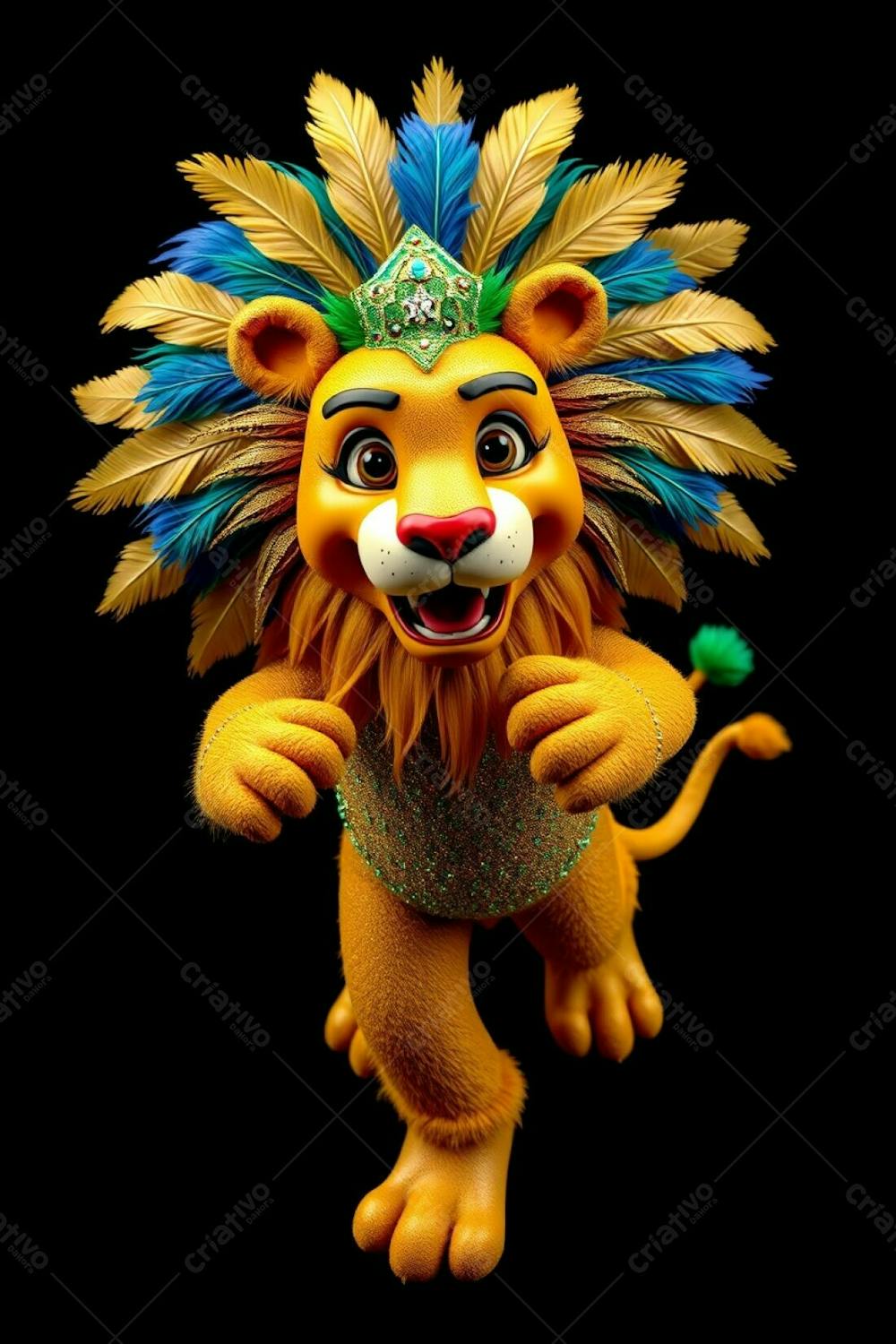 Professional Quality, High Resolution Stock Photo A High Angle, Full Body Shot Of Leonardo, A 3D Rendered Lion Mascot For Carnaval. The Background Is Pure Black. Leonardo Is Depicted In A D