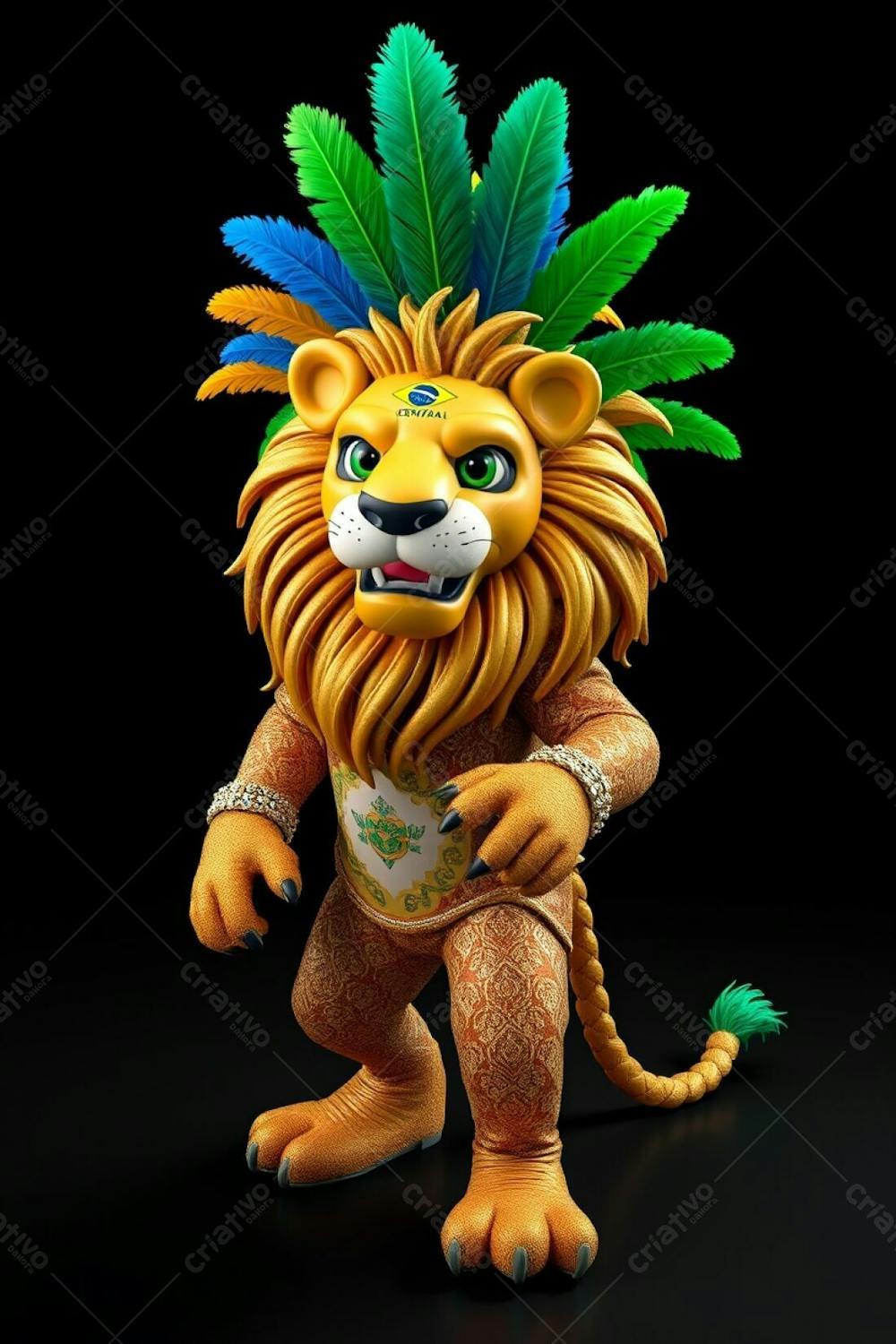 Professional Quality Image High Angle View Of A 3D Rendered Lion Mascot, Leonardo, For Carnaval. Full Body, Against A Black Background. Leonardo&#39;S Pose Is Dynamic, Costume Is Sequined With