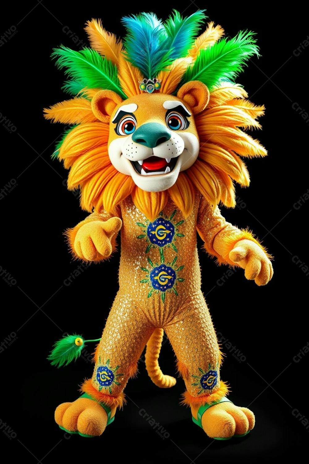 Stock Photo High Angle View Of A Full Body 3D Rendered Lion Mascot, Leonardo, For Carnaval, Against A Black Background. Leonardo Wears A Sparkling Sequined Costume With Brazilian Inspired D