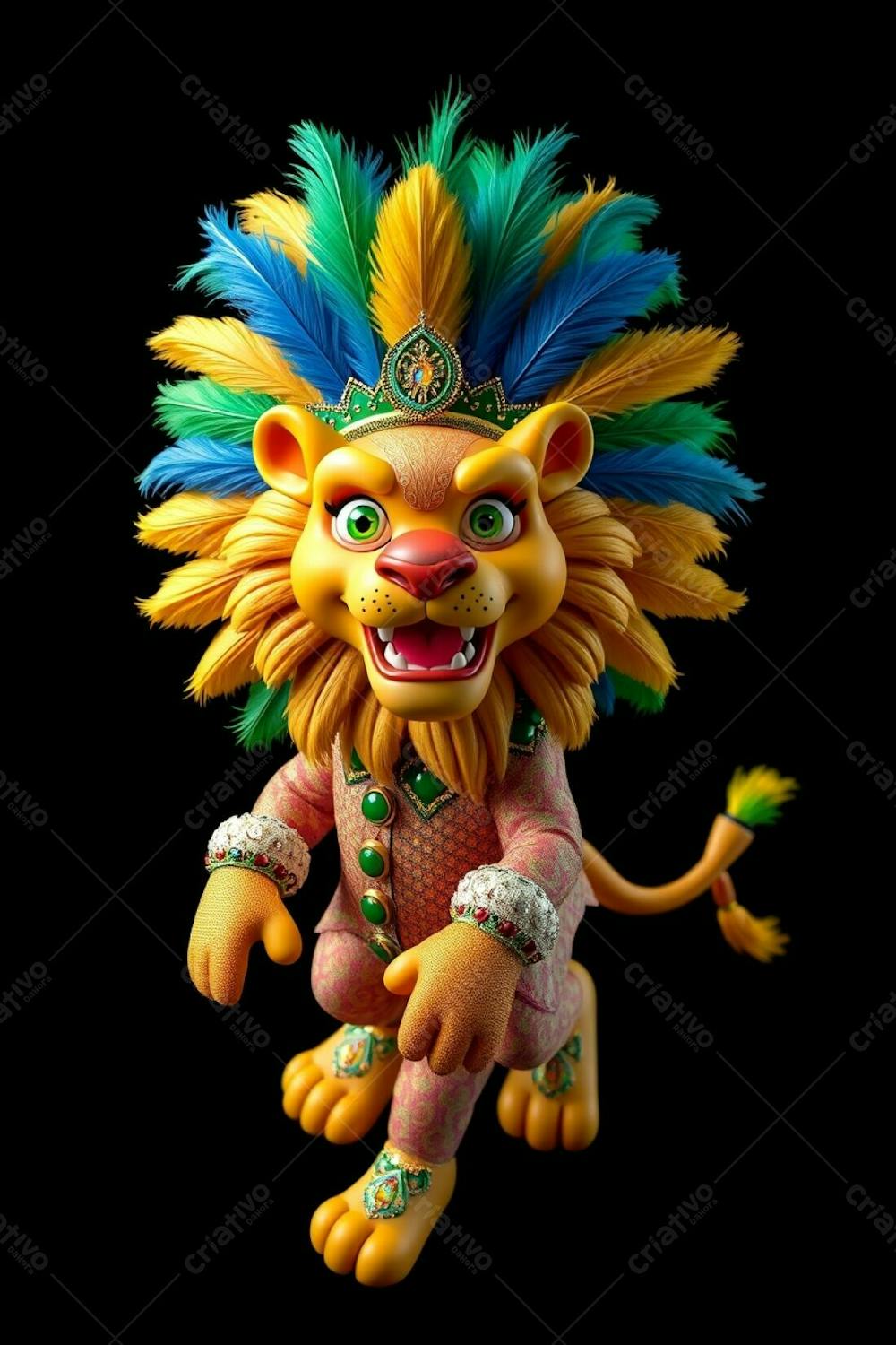 Ultra High Definition, High Angle Image Of Leonardo, A 3D Rendered Lion Mascot For Carnaval. Full Body Shot On A Black Background. Leonardo Is Joyful And Dynamic, With A Sequined Outfit, Int