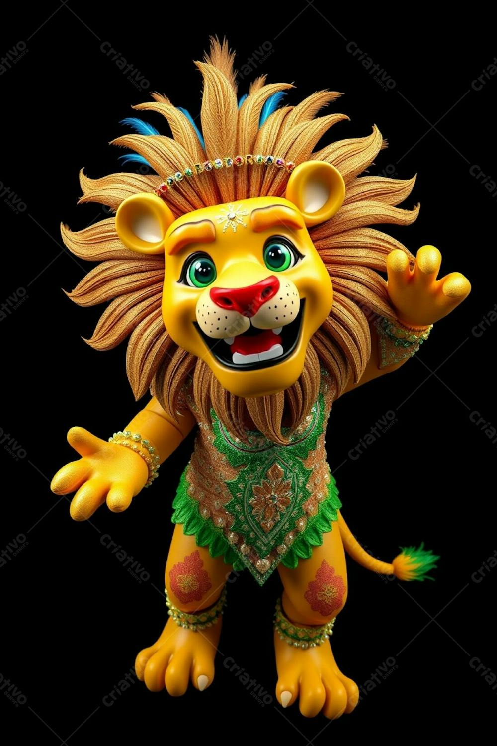 Ultra High Definition, High Angle Shot Of Leonardo, A 3D Rendered Lion Mascot Designed For Carnaval. He Has A Joyful Expression And Dynamic Pose, Wearing A Sparkling Sequined Costume With I