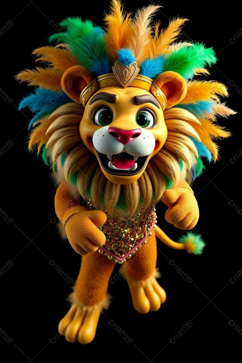 Ultra High Definition, High Angle Stock Photo. A Full Body 3D Rendered Lion Mascot, Leonardo, For Carnaval. Solid Black Background. He Wears A Sequined Costume And His Mane Is Adorned With