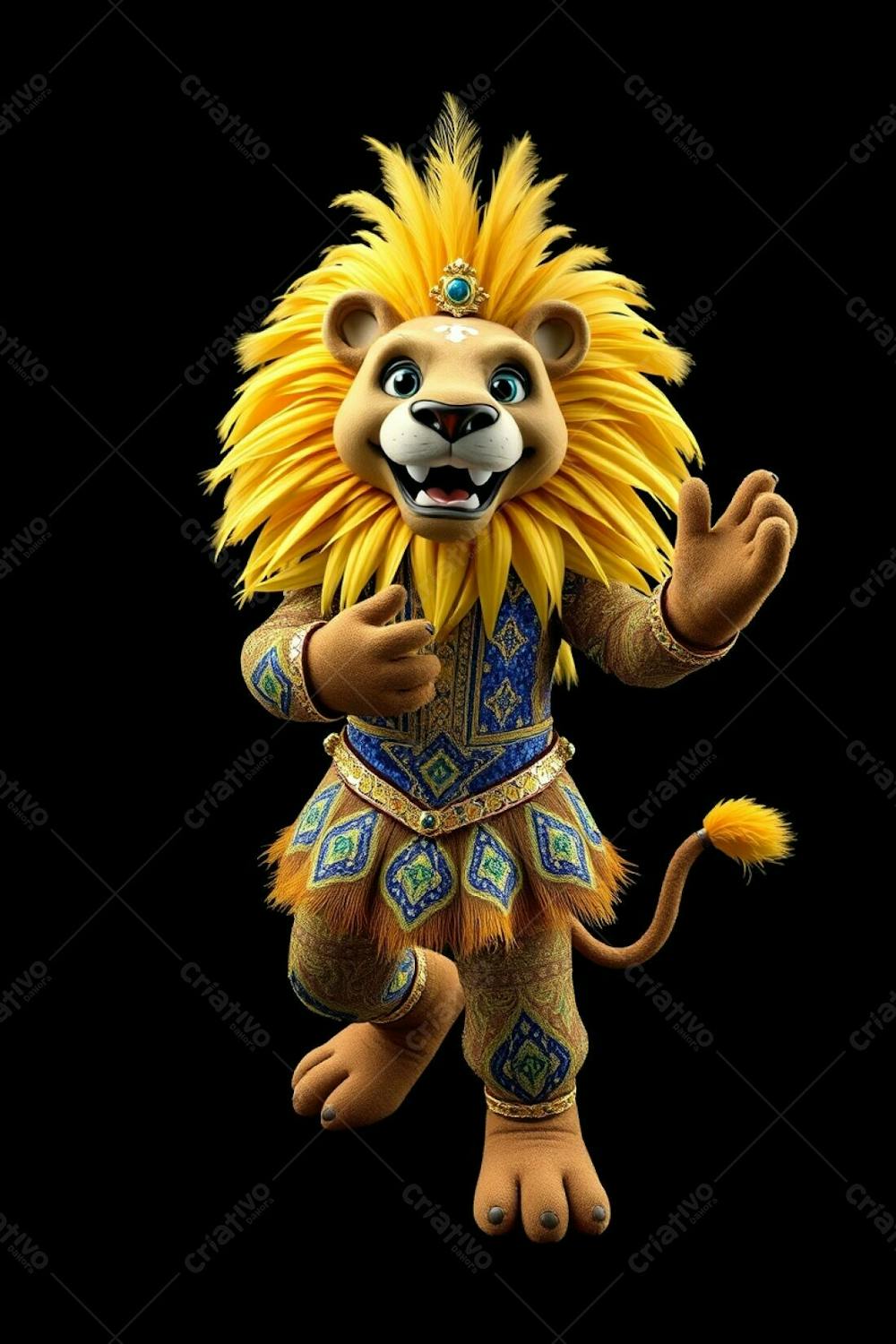 Ultra High Definition, High Angle View Of A 3D Rendered Lion Mascot, Leonardo, Designed For Carnaval. The Solid Black Background Contrasts With His Vibrant Sequined Outfit And Feathered Man