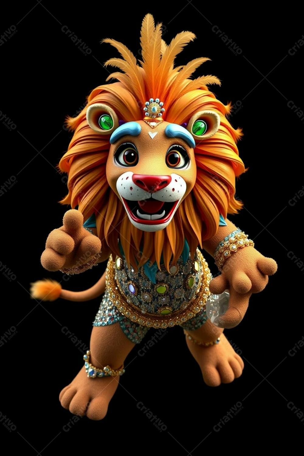 Ultra High Definition, High Angle, Full Body 3D Render Of Leonardo, A Carnaval Lion Mascot. He Is Depicted Against A Solid Black Background. Leonardo Joyfully Wears A Sequined Costume And