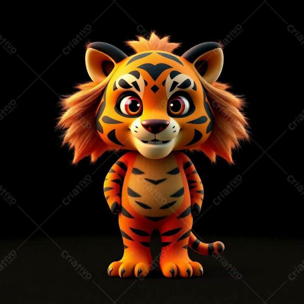 Highly Detailed 3D Render Of An Anthropomorphic Tiger Mascot For Carnaval. The Tiger Stands Confidently, Its Orange And Black Fur Gleaming Under Warm Golden Hour Light. Expressive Ey