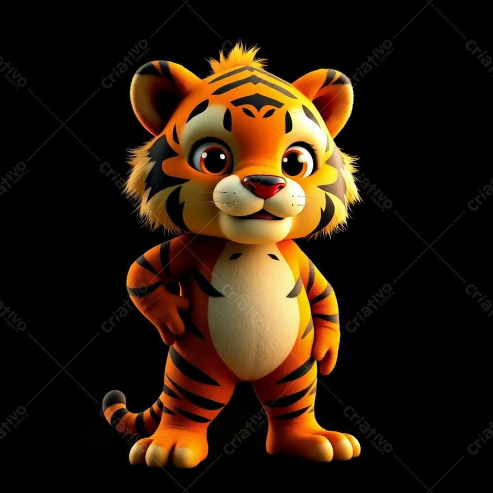 Highly Detailed 3D Render Of An Anthropomorphic Tiger Mascot For Carnaval. The Tiger Stands Confidently, Its Orange And Black Fur Gleaming Under Warm Golden Hour Light. Expressive Ey