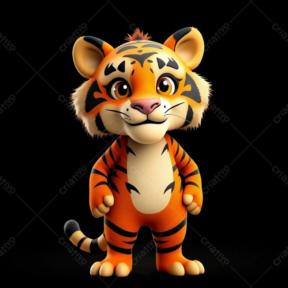 Highly Detailed 3D Render Of An Anthropomorphic Tiger Mascot For Carnaval. The Tiger Stands Confidently, Its Orange And Black Fur Gleaming Under Warm Golden Hour Light. Expressive Ey