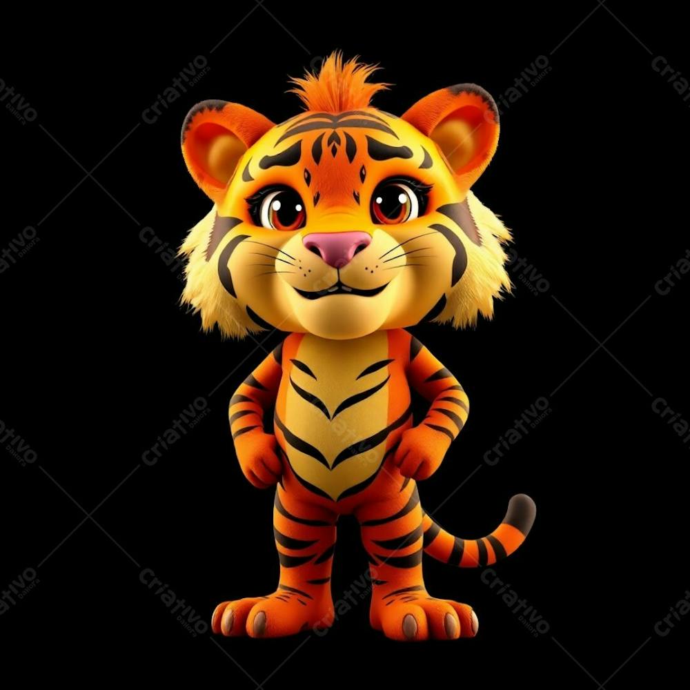 Highly Detailed 3D Render Of An Anthropomorphic Tiger Mascot For Carnaval. The Tiger Stands Confidently, Its Orange And Black Fur Gleaming Under Warm Golden Hour Light. Expressive Ey