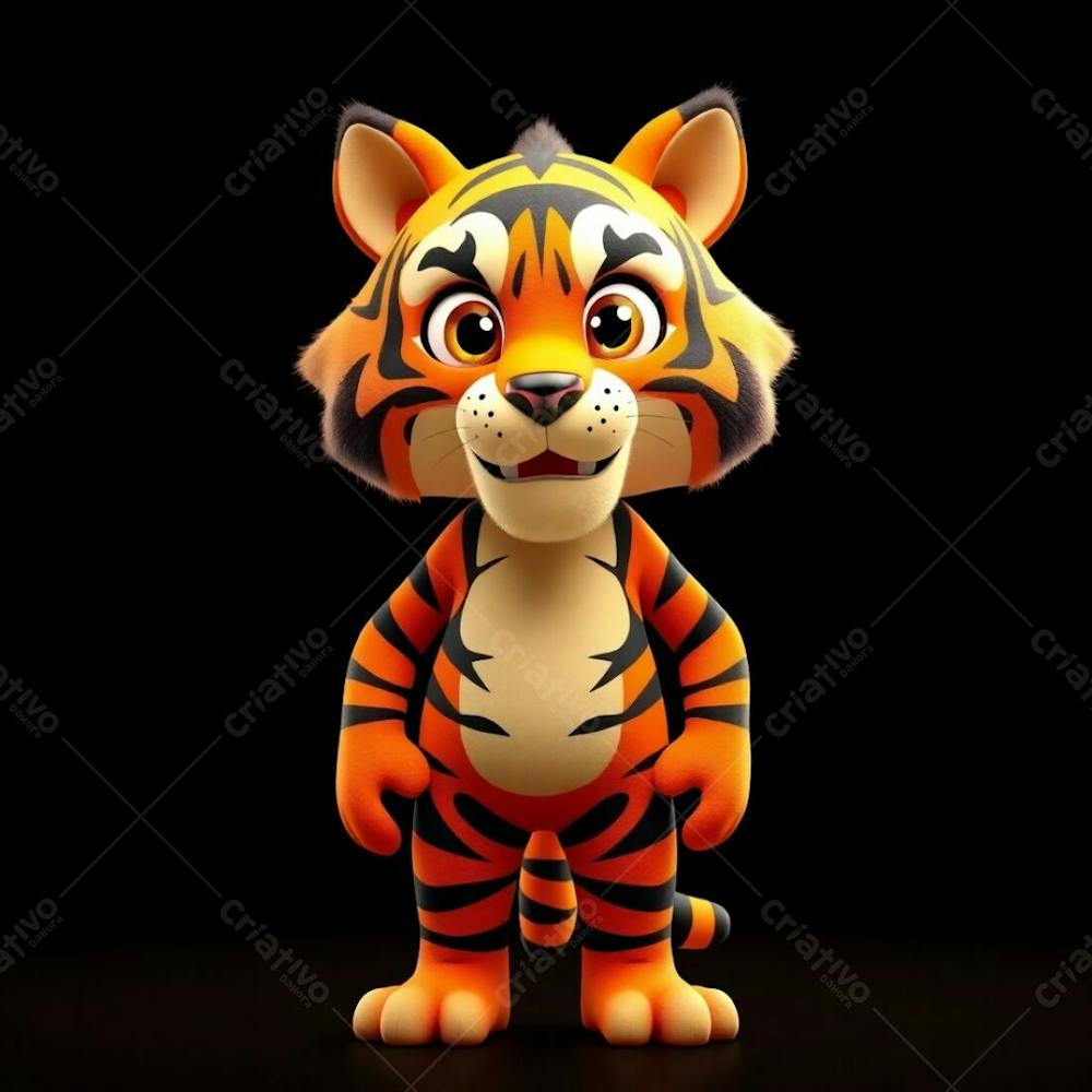 Highly Detailed 3D Render Of An Anthropomorphic Tiger Mascot For Carnaval. The Tiger Stands Confidently, Its Orange And Black Fur Gleaming Under Warm Golden Hour Light. Expressive Ey